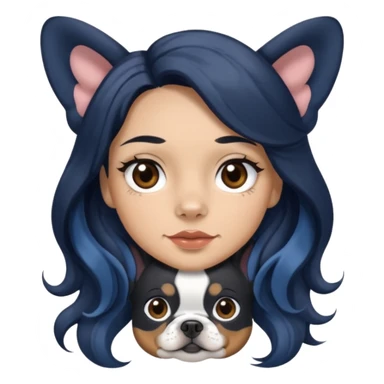 woman with olive skin, brown eyes and long lashes, and long black wavy hair with blue and white Merle frenchie sticker