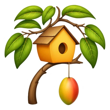 a hanging house on a mango tree branch with a bird beside it, simple and sweet emoji style sticker