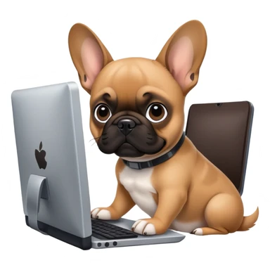Fawn Frenchie with black muzzle working behind computer sticker