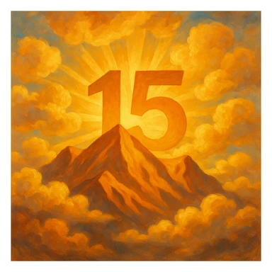 Add fluffy clouds to the scene, keeping the sunshine rising from mountains with the number 15 visible and integrated, in a painterly style. The style should resemble painterly brush strokes with rich texture and color blending. sticker