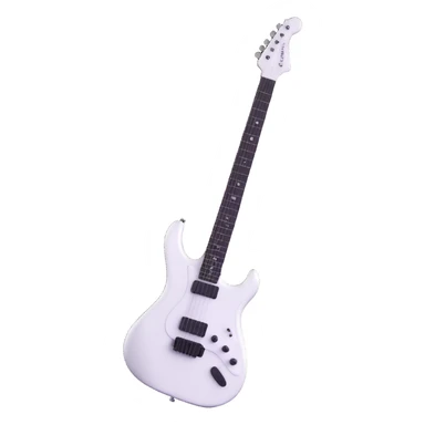 White electric guitar with sleek shiny body, black strings, and smooth neck sticker