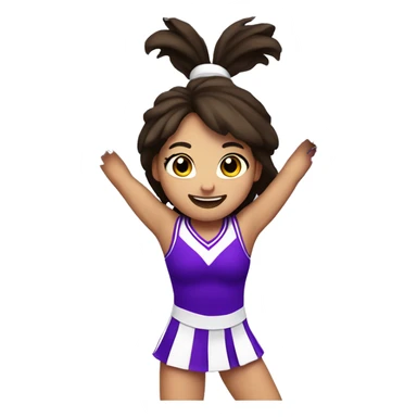 Caucasian cheerleader with dark brown hair, jumping and holding up two purple Pom poms sticker