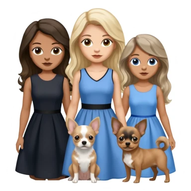 Three women in isolated dresses, brown eyed light skin with dark blonde long hair and Brown eyed light skin black long wavy hair and blue eyed light skin long blonde hair with gray Merle Frenchie and  black and tan chihuahua  sticker