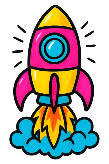 a colorful rocket ship blasting off, bold and energetic, pop colors style sticker