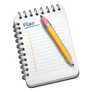 Emoji of a notebook with a pencil and the word “PLAN” written on the cover, iPhone emoji style. Flat design, smooth gradients, rounded edges, soft shadows, clean look, white background. sticker
