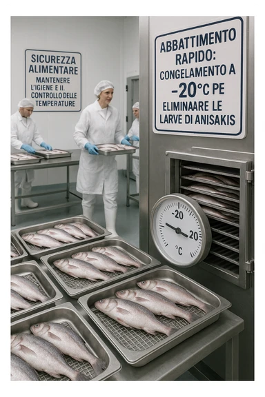 a fish processing facility where freshly caught fish are placed on trays and moved into a large industrial freezer. A temperature gauge shows -20°C, and an educational label explains that rapid freezing (abbattimento) is used to kill Anisakis larvae. The background includes workers in protective clothing and clear signage about food safety. in italiano sticker