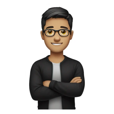 white young man with a friendly, confident smile. He has short dark hair and is wearing round glasses. He's dressed in a plain black t-shirt and has his arms crossed sticker