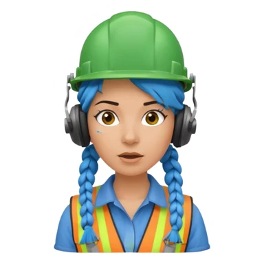 surprised construction worker blue braided haired woman wearing green helmet and headphones sticker