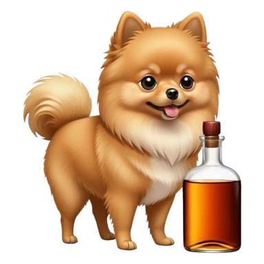 Pomeranian sniffing a Hennessy bottle sticker