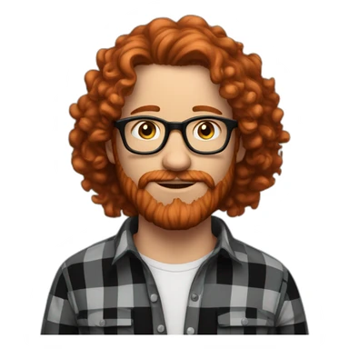 man. around 25. redhead. curly hair. with beard and glasses. black and scarlet checked shirt sticker