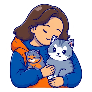 Brunette girl with dark blue sweatshirt snuggling a fluffy grey Siberian cat sticker