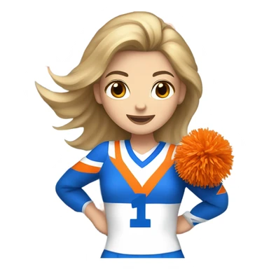 Caucasian Cheerleader with orange and blue Pom poms  in her hand and a “K1 “on Uniform sticker