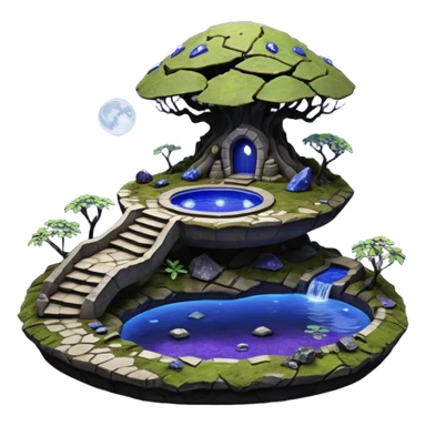 Crashed Alien saucer pool-castle jungle winding footpath mountainside getaway haunted nighttime landscape antique mudman very old broken cracked intricate Stone Age lapis-crusted irregular dodecagon-shaped shallow dark moss rough bark violet flowered maple treehouse bonsai sticker