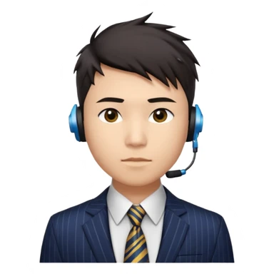 A young Asian man with light skin, short dark hair styled upward with a spiked swoop in front, a clean-shaven face, focused eyes, and a slim headset over one ear, wearing a dark pinstripe suit with a patterned dress shirt and a bright solid-colored tie visible from the chest up. sticker