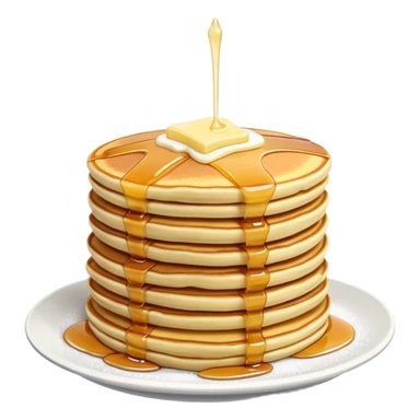 Cinematic fluffy golden pancakes, stacked high, drizzled with maple syrup, topped with fresh butter melting on top, light dusting of powdered sugar, warm and inviting, soft glow and mouthwatering. sticker