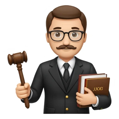 “Create a clean, modern emoji-style illustration of a male lawyer. He is wearing a formal suit jacket. He is holding a judge’s gavel (QUE SE VE DE COSTADO) in one hand and has a law book tucked under his arm. He has a mustache and a short beard, and GLASSES sticker
