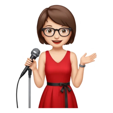 singer, Old, brown short hair, holding mic, red dress, glasses sticker