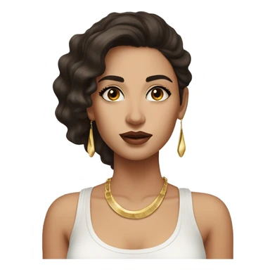 woman with long wavy dark brown hair, big dark brown eyes with thick eyelashes, thick round lips wearing a white tank top and gold earrings white sking and she is young and the hair is between wavy and straight sticker