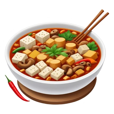 Chengdu Maocai spicy assorted ingredients in bowl, simplified emoji style with bold outlines and bright colors, cartoon style Sichuan street stew sticker