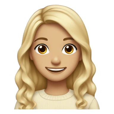 Girl with brown eyes, medium skin, long slightly wavy hair with dark brown roots with blonde ends wearing a cream jumper smiling happy  sticker