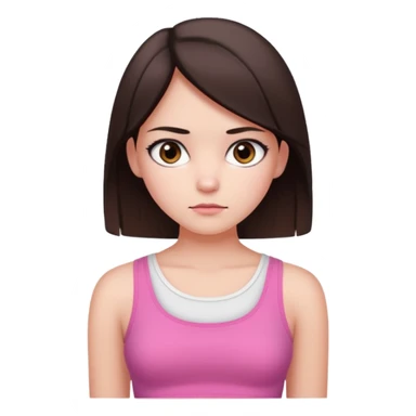 Koyu kahverengi orta boyda düz saçlı  çok koyu kahverengi gözlü pembe beyaz crop tişört kıyafetli  açık tenli kız duygusuz koyu kahverengi gözler sticker