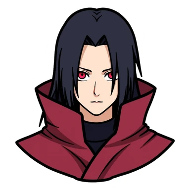 Itachi Uchiha with long black hair, Sharingan eyes, facial lines under his eyes, wearing Akatsuki cloak sticker