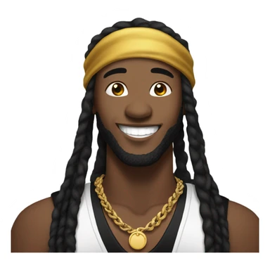 Kai Cenat with black dreadlocks with durag on and a big smile wearing black shirt and gold chain sticker