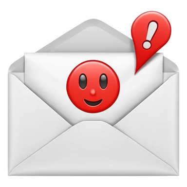 an envelope with a paper and exclamation mark sticker
