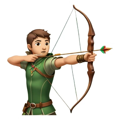 A skilled archer, resembling Robin Hood, drawing a bow and releasing an arrow towards a target. The scene captures the perfect moment of release, with the bowstring taut and the arrow flying toward the bullseye, set in a forest or archery range background. sticker
