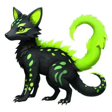 Rare realistic black edgy toxic radioactive-themed black fur with neon-lime-green-glowing  epic handsome gorgeous aesthetic vibrant Vernid-Trico-Genet-Salandit-species-hybrid-Fakemon-creature by LiLaiRa, 4 legs, 1 tail, random markings, (full body) sticker