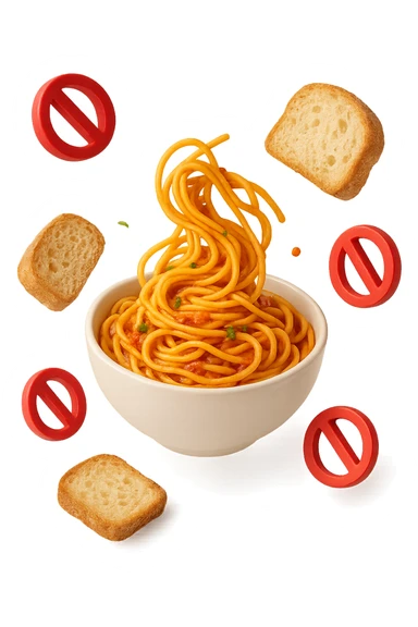 bowl di pasta e fettine di pane che fluttuano in aria con piccoli divieti 3d, sfondo bianco, iperrealistico 4k sticker