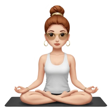 Clean girl influencer character, chest-up portrait.Sleek tight bun hair color (auburn .Natural glossy makeup, soft blush, shiny lips.Minimal white tank top, small gold hoop earrings, delicate gold necklace.Black sunglasses on head.Rolled yoga mat hanging over her shoulder. sticker