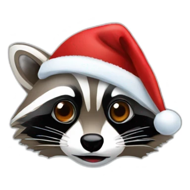 Raccoon face behind a laptop with christmas hat sticker