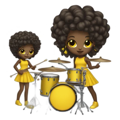 cute punk girl in yellow dress dark skin with yellow eyes and dark curvy hairs drummer sticker
