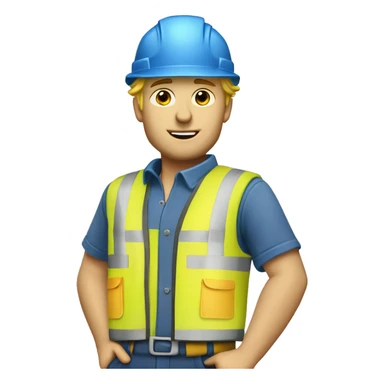 Blonde male Construction worker wearing a hat and blue work wear with small black curly dog  sticker