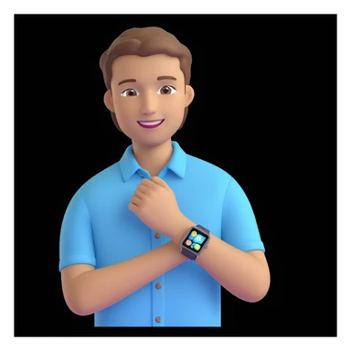 apple-style 3D emoji avatar of a fair, handsome young man with light brown hair, brown eyes, bright smile, wearing pastel blue button-up shirt, smartwatch, creative tech-savvy vibe, dark background sticker