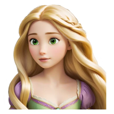 Cinematic Realistic Rapunzel Portrait, with porcelain-like skin featuring a subtle, natural glow, illuminated by soft lighting that brings out the gentle contours of her face. Her long, golden blonde hair cascades in detailed waves, each strand highlighted with a radiant shimmer as it catches the light. Her bright, expressive green eyes exude curiosity and warmth, framed by delicate lashes and soft, arched brows. Her expression is playful and vibrant, with a gentle smile. She is dressed in her classic lavender and pink gown, the fabric textured with delicate folds that flow naturally, catching the light with a soft, radiant glow. The portrait captures a luminous, enchanting aura, seamlessly blending realism with a whimsical, fairytale charm, evoking a timeless sense of beauty and magic. sticker