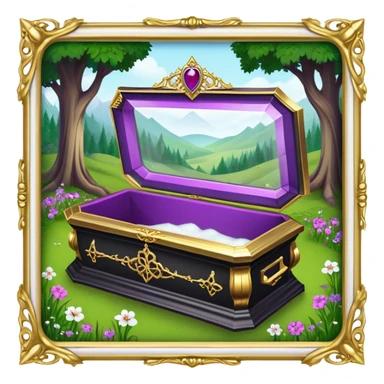 Snow White's coffin in the image is a highly symbolic piece, embodying both solemnity and fairytale charm. It is designed with a transparent glass lid, allowing a clear view of Snow White lying inside in her pure and untouched beauty. The frame around the lid and the base of the coffin is made of gold-colored metal, intricately carved in a Gothic style. Along the side of the coffin, the name “SNOW WHITE” is prominently displayed in ornate, medieval-style lettering, serving as an eternal tribute to the legendary character. The coffin is placed in a quiet forest clearing, resting on a bed of green grass and surrounded by clusters of colorful flowers—purple, pink, and white—which add a sacred and emotional atmosphere. The dwarfs stand nearby in silence, keeping watch and heightening the sense of reverence and sorrow. The entire design of the coffin harmoniously blends medieval artistry with mythical elements, honoring Snow White’s beauty while creating a legendary, fairytale-like setting. sticker