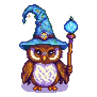 owl with a wizard hat and magic wand pixel art sticker