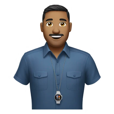 navajo  emoji of a man with short dark hair, clean-shaven, goatee and mustache.  wearing a formal button-up DARK blue shirt,  smiling  with a smartwatch on his wrist. and small silver chain necklace  resemble professional attire. smaller eyes  sticker