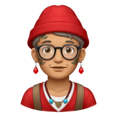 unique looking tourist with big unique red tourist hat and earrings, man with lots of tattoes and spectacles sticker