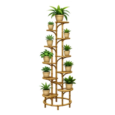 Large multi-tier multi-level curvy spiral plant rack constructed from thin bamboo poles  sticker