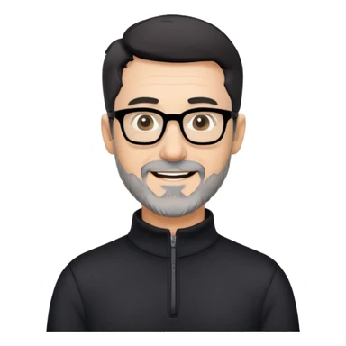 Caucasian man with very short black hair, short graying beard, large black eyeglasses, cheerful expression, black long sleeve shirt with quarter zip at collar sticker