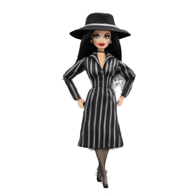 Bouclé Beauty Lingerie Barbie, 1965 Morticia Addams from academy, in dark-gray and black striped outfit with hat. Driving 1978 Mercedes convertible sports car  sticker