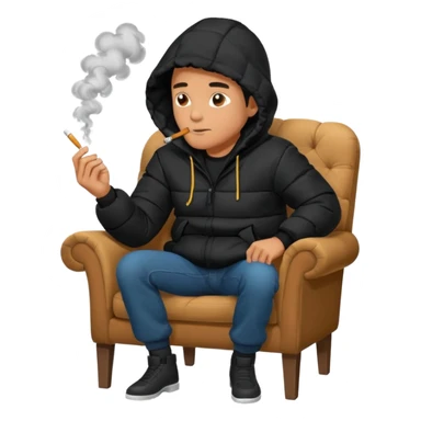 A man sitting on a chair, wearing a black puffed coat with hood, hands in his pocket, smoking a cigaret, he is on a chair i sticker
