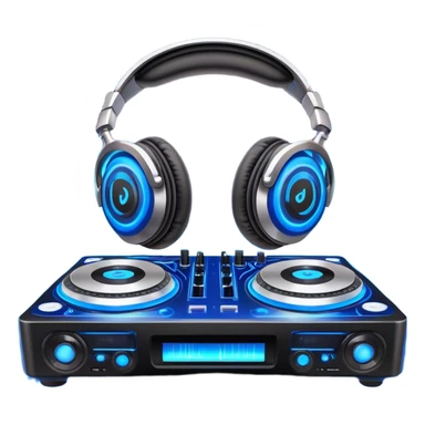 Create a dynamic and modern emoji that represents electronic music and DJing. The design should feature a DJ controller with two vinyl turntables, DJ headphones, and glowing sound waves or a waveform to symbolize the energy of mixing and electronic beats. Use vibrant neon colors like electric blue, neon pink, or green to represent the futuristic and pulsating nature of electronic music. Add subtle details of flashing lights or abstract patterns to evoke the nightclub or festival atmosphere. The background should be transparent. sticker