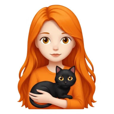 A long-haired girl holding a black cat and an orange cat sticker