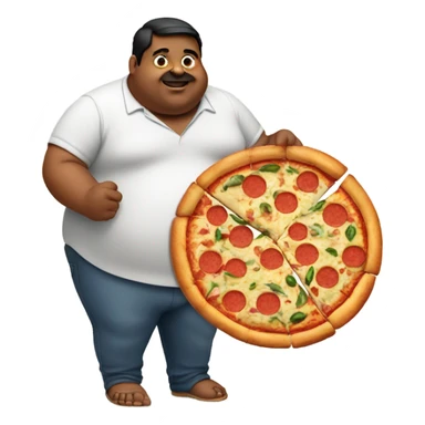 Obese indian man holding a pizza sticker