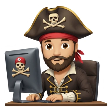 pirate captain with a beard, coding on a desktop computer, pirate flag with code symbol, cheerful and creative sticker