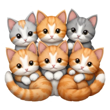 6 tiny kittens cuddling together all various different natural colours including solid grey with white mittens, grey and white, ginger and white, calico, and brown and white sticker